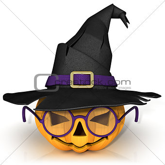 Funny Jack O Lantern. Halloween pumpkin with purple glasses, wea
