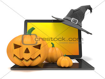Laptop with funny Jack O Lantern and Halloween witch hat. 3D