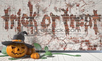 Trick or treat. Halloween greeting with Jack O Lantern pumpkin a