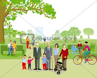 Family walking in the park, illustration