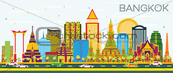 Bangkok Skyline with Color Landmarks and Blue Sky.