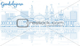 Outline Guadalajara Skyline with Blue Buildings and Reflections.