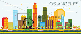 Los Angeles Skyline with Color Buildings and Blue Sky.