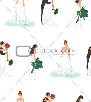 Hand drawn vector abstract cartoon wedding bridals and couple illustration seamless pattern fashion print isolated on white background.