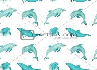 Hand drawn vector cartoon summer time seamless pattern with jumping dolphins in blue colors isolated on white background.