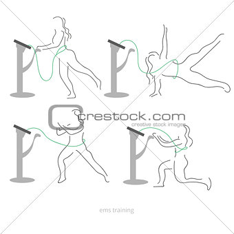 Ems workout stages - poses. Electric muscular stimulating fitness