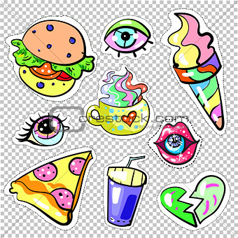 Fashion pop art patch badges sweet colors isolated on transparent background