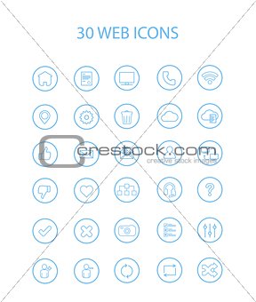 30 Blue Color Web Icons with Hollow Round