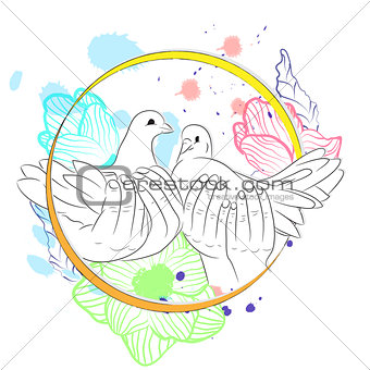 Sketch of hands let go dove of the world. Symbol of peace. Illustration of freedom and world without war.