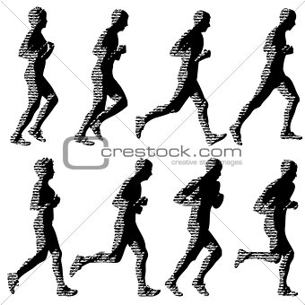 Set of silhouettes. Runners on sprint, men and woman