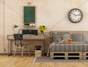 Retro master bedroom with bed and desk - 3d rendering