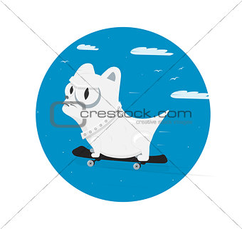 Dog character skates. Sporty pet on skateboard. Vector cartoon illustration.