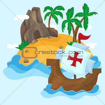 The ships of Christopher Columbus and Tropical Island with palms in ocean