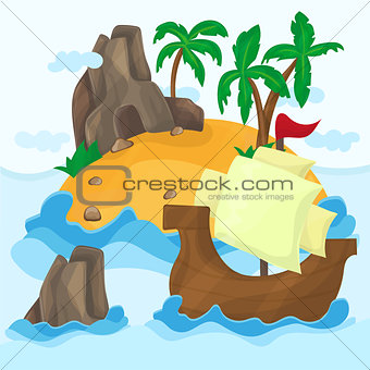 Tropical Island with palms and Ship in ocean