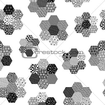 Black and white background with hexagonal patterned shapes