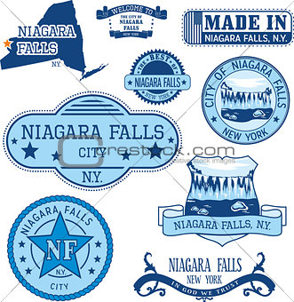 Set of generic stamps and signs of Niagara Falls, NY