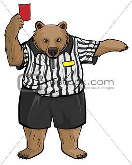 Brown russian bear soccer football referee shows red card
