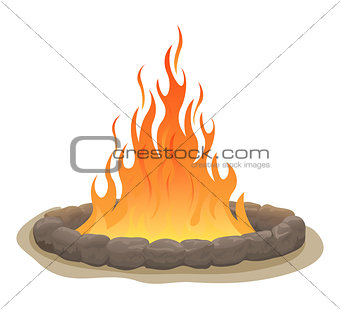 Large fire surrounded by stones