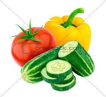 Tomato, cucumber and sweet pepper isolated on white background. Salad ingredients
