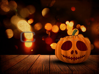 3D Halloween background with pumpkin on wooden table against a g