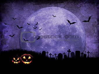 Grunge Halloween background with graveyard against moonlit sky