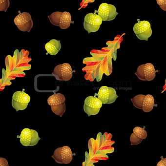 Seamless pattern with autumn leaves and ancorns on black background. Vector