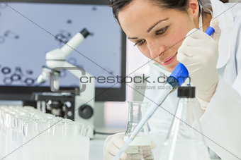 Female Research Scientist With Pipette & Flask In Laboratory