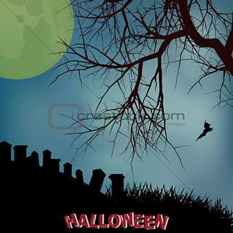 Halloween background with creepy tree graveyard and text
