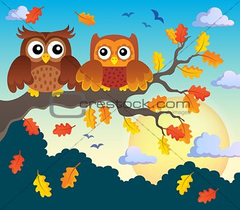 Autumn owls on branch theme image 2