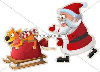 Yellow dog symbol of year 2018. Fun dog holds bag with gifts and goes on sled, Santa catches up
