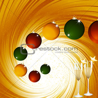 Christmas baubles and champagne on golden vortex