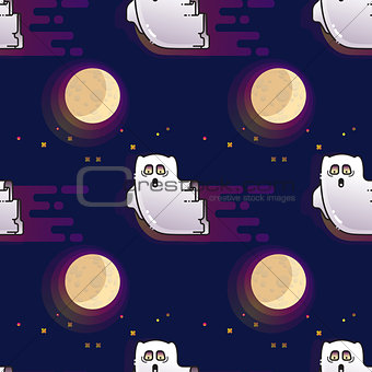 Ghost seamless pattern. Cute cartoon fluing ghost and Moon.