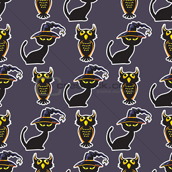 Halloween black cat and owl seamless pattern.