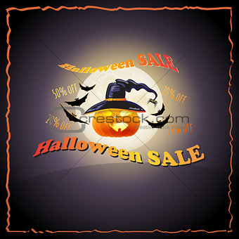 Full Moon, pumpkin, hat, bat and words Halloween Sale.
