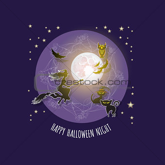 Halloween card with  Moon, witch, owl, bat, cat.