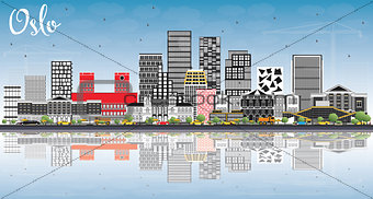 Oslo Norway Skyline with Gray Buildings, Blue Sky and Reflection