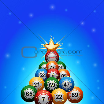 Christmas bingo lottery balls tree on blue background