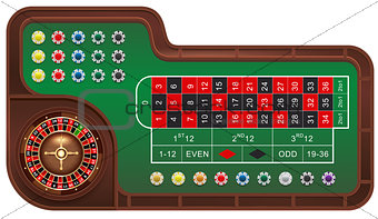 Casino gambling roulette table and chips