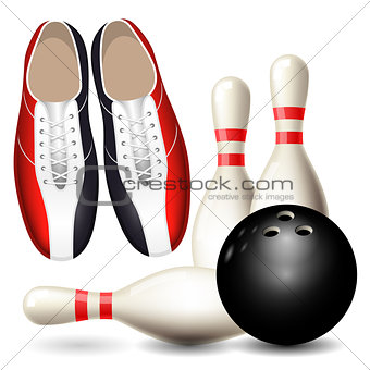 Bowling shoes, skittles and ball - bowling championship poster