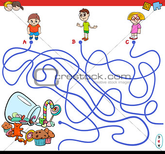 cartoon paths maze game with kids and candy