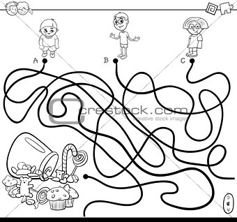paths maze with kids and candy coloring book