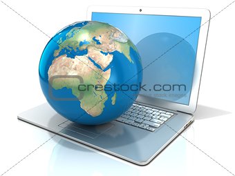 Laptop with illustration of earth globe, Europe and Africa view.