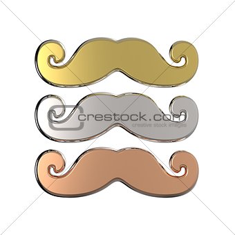 Gold, silver and bronze mustache. 3D