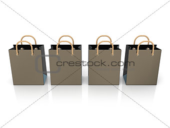 Four, empty, black, blank shopping bags. 3D