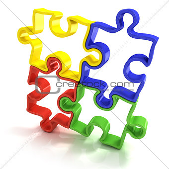 Four colorful outlined jigsaw puzzle pieces