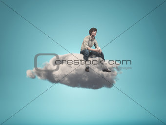Surreal  image of a man sitting on a gray cloud