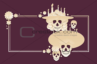 Day of the Dead template greeting card. Mexican Holiday Dia de Muertos. Set of Skull and burning Candle