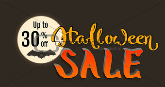 Discount 30 percent of Halloween holiday sale. Bat on full moon and lettering text