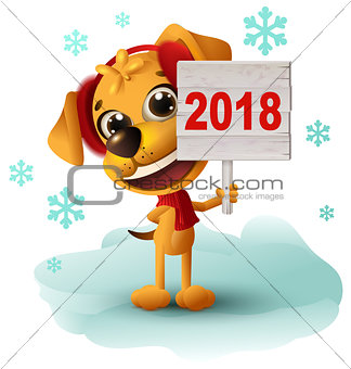 Yellow dog symbol of year 2018 holds sign