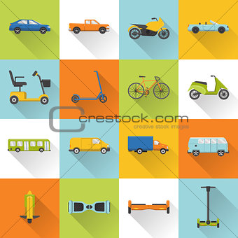 Collection of transport icons with long shadow